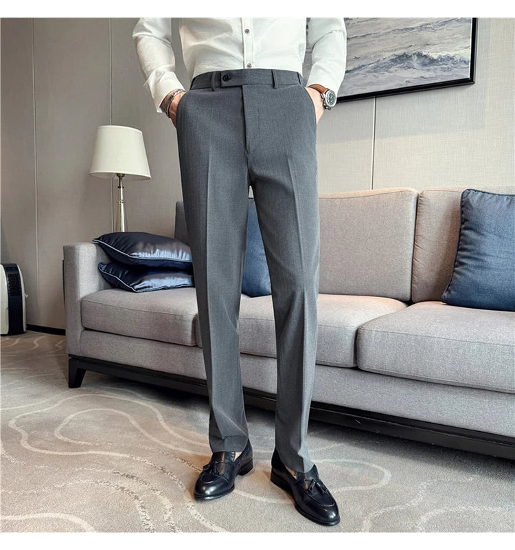 Autumn Winter Thick Suit Pants Men Elastic Waist Business Classic Straight Striped Formal Pants High Quality Slim Fit Trousers