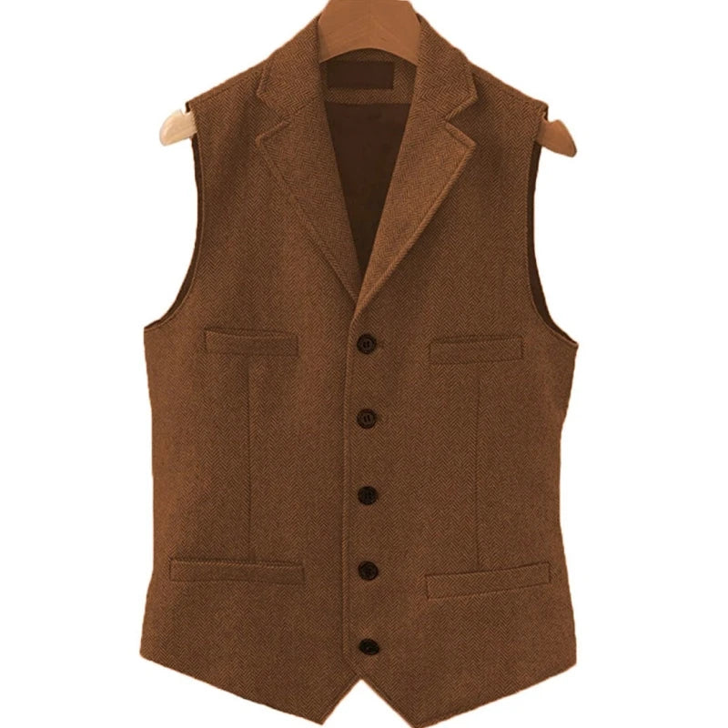 Men Vest Brown Herringbone Single Button With Lapel And Pocket Waistcoat For Wedding Groom Business Formal Banquet Work Men Suit