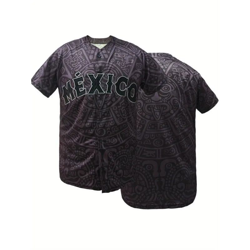 Men's Baseball Jersey Short Sleeve with "MEXICO" Embroidery Breathable Loose Fit for Casual Parties, Sports & Outdoor Activities