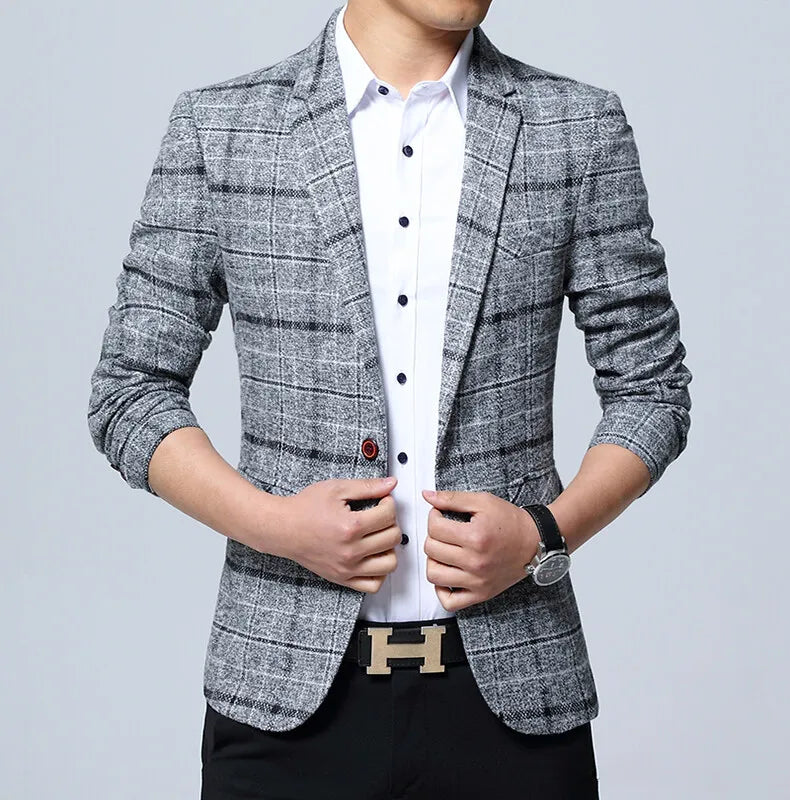 Men's Korean Style Spring Autumn Casual Small Suit Checkered Jacket Fitted Large Size Single Western Wear
