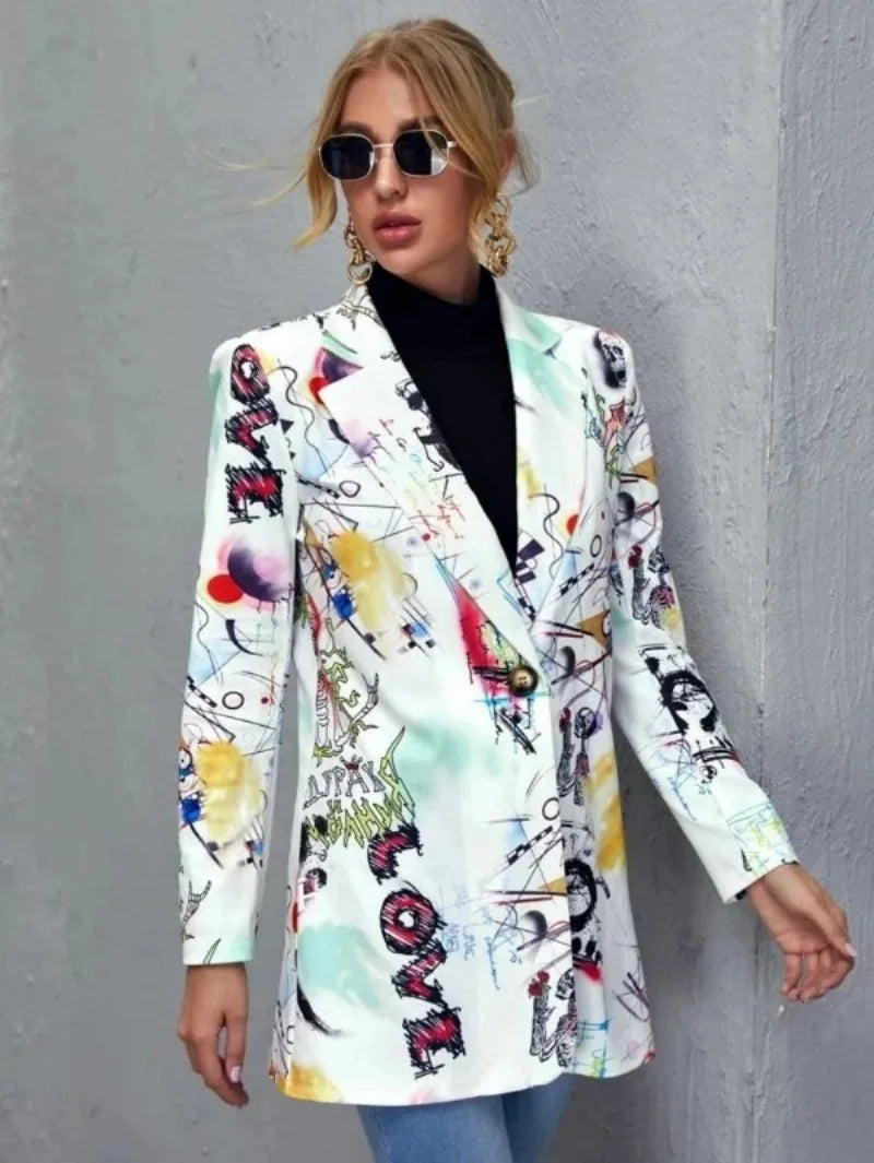 Elegant and Youth Blazer Spring Fashion Vintage Irregular Print Casual Woman Clothing High Street Lapel Blazer Woman Outerwears