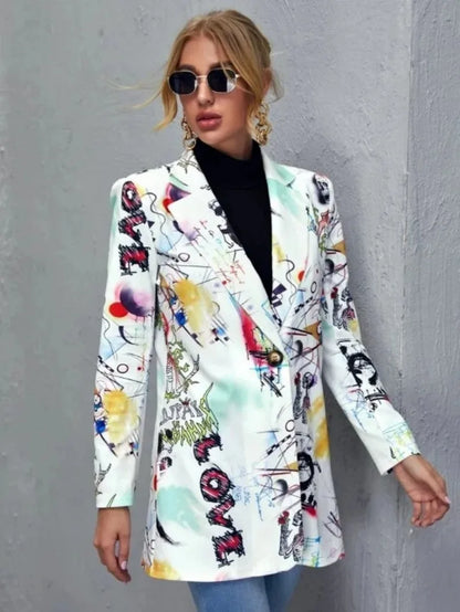Elegant and Youth Blazer Spring Fashion Vintage Irregular Print Casual Woman Clothing High Street Lapel Blazer Woman Outerwears