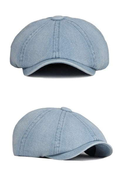 Men's Octagonal Hat Casual Solid Eight-blade Berets Washed Denim Newsboy Cap Women Painters Hat Peaked Herringbone Flat Cap