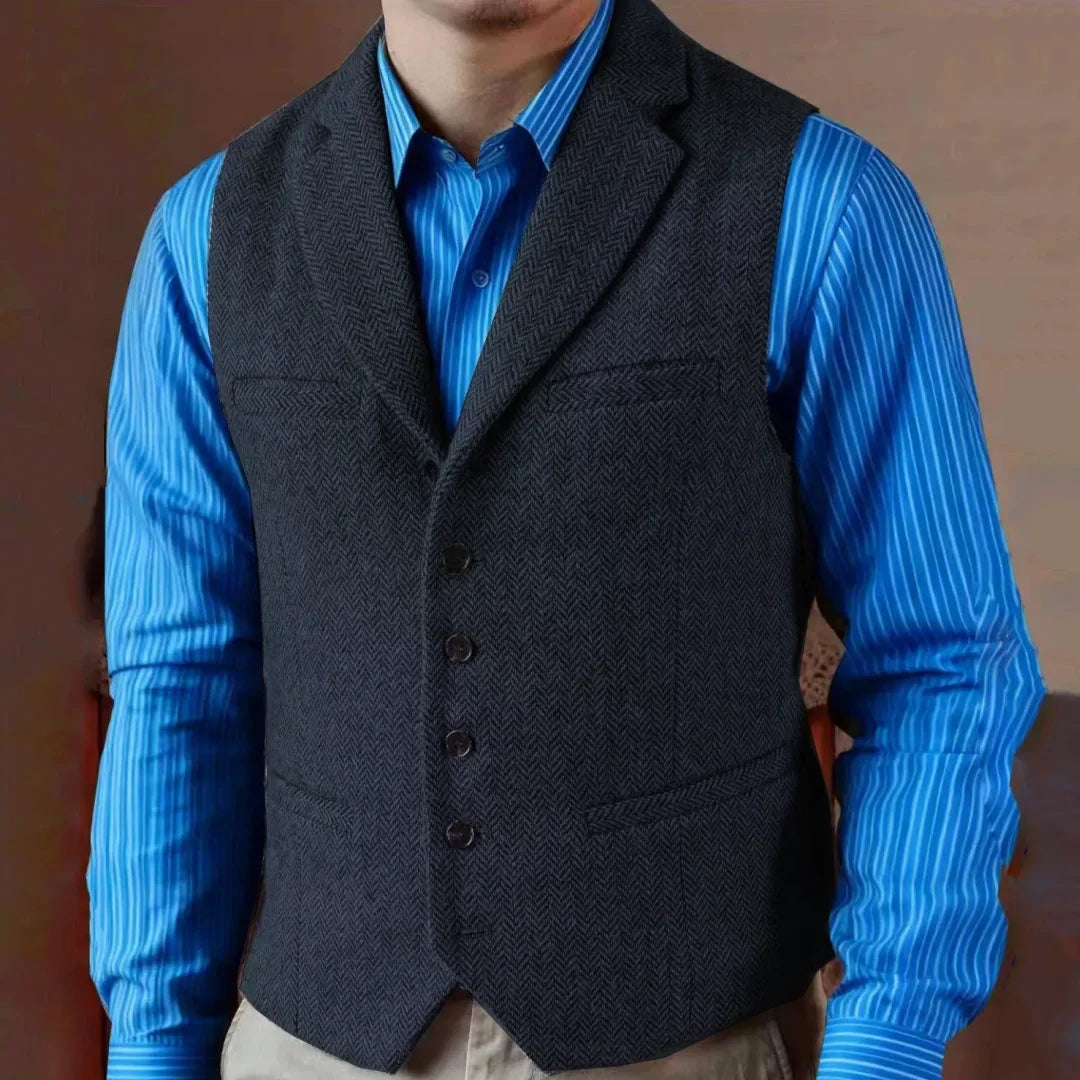 Men Vest Gray Herringbone Single Button With Lapel Waistcoat For Wedding Birthday Banquet Business Work Office Men Suit Vest