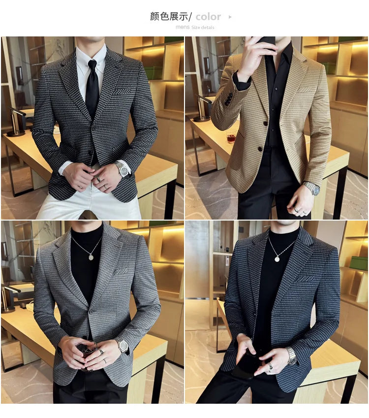 British Style Plaid Suit Jacket For Men 2025 New Business Casual Slim Blazer Formal Wedding Party Suit Dress Coats Men Clothing