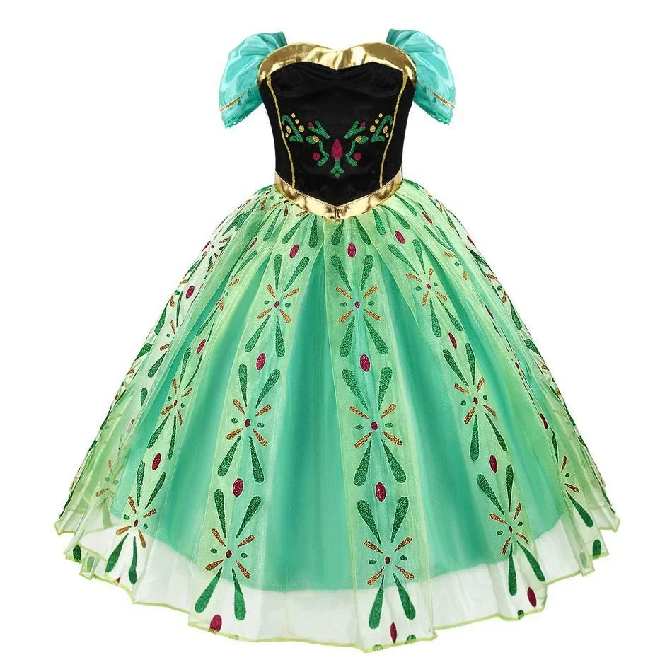Girls Princess Anna Dress Birthday Party Dresses Halloween Disguise Cosplay Costume Fancy Green Dress Up Fantasia Anna Costumes