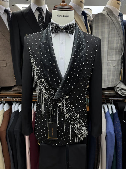 Luxurious Beaded Tassel Men's Suits Wedding Groom Outfit Handsome Elegant Double Breasted Tuxedo 2 Pieces For Men Customized