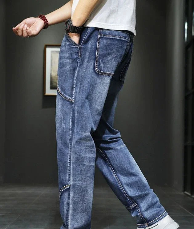 Male Cowboy Pants Straight Trousers with Pockets Blue Jeans for Men Retro Baggy Buggy Autumn Clothing Washed Original Winter Xs