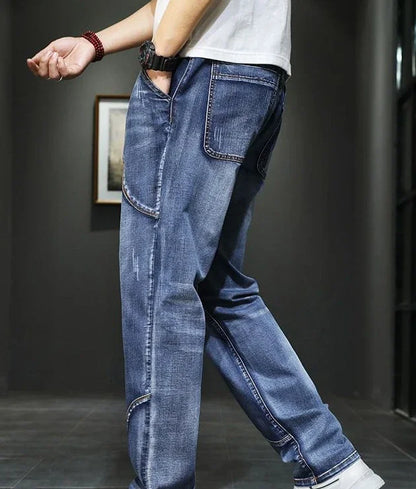 Male Cowboy Pants Straight Trousers with Pockets Blue Jeans for Men Retro Baggy Buggy Autumn Clothing Washed Original Winter Xs