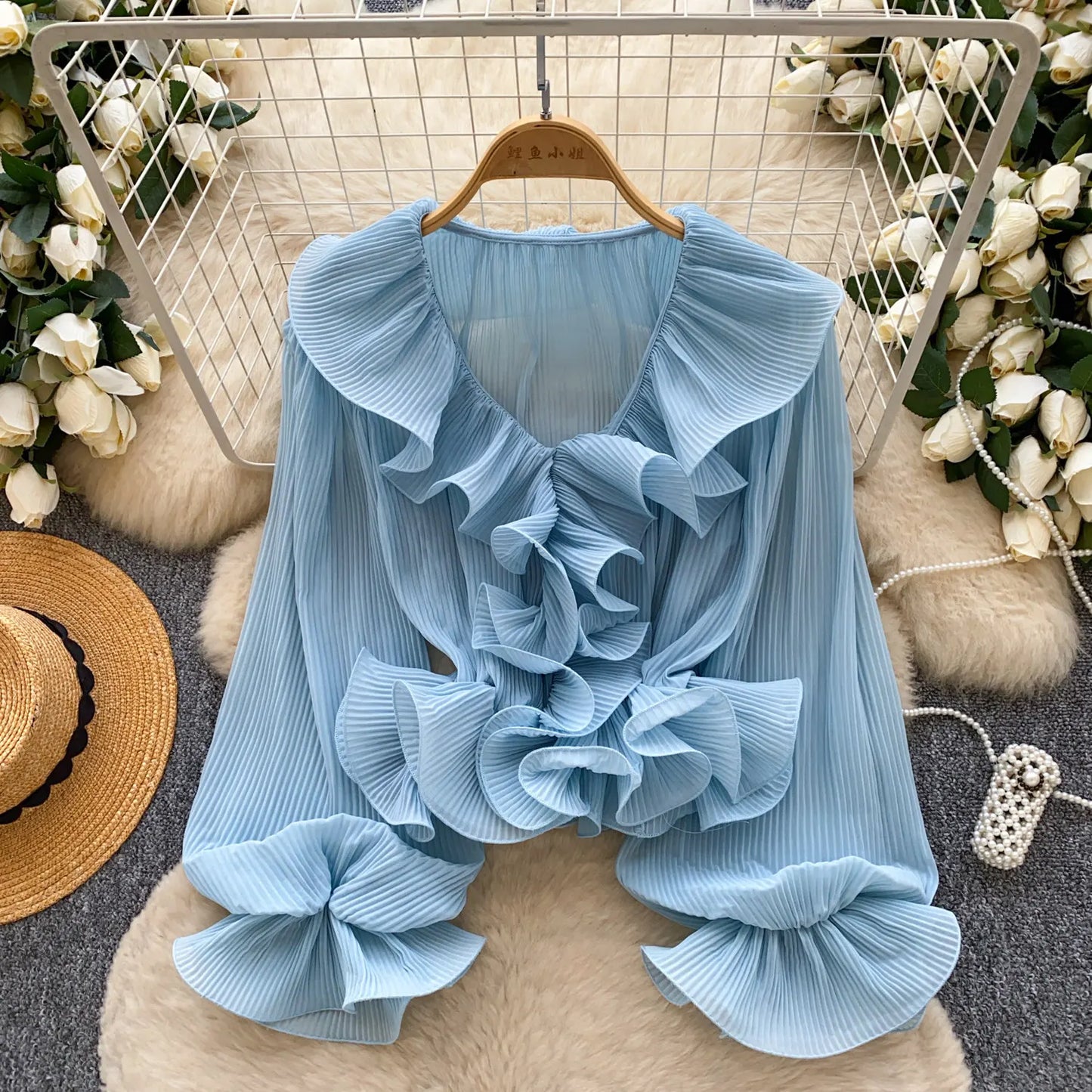 Ruffles Pleated Romantic Tops Thin Spring Summer V Neck French Elegant Blouse Fairycore Flowy Office Lady Luxury Shirt
