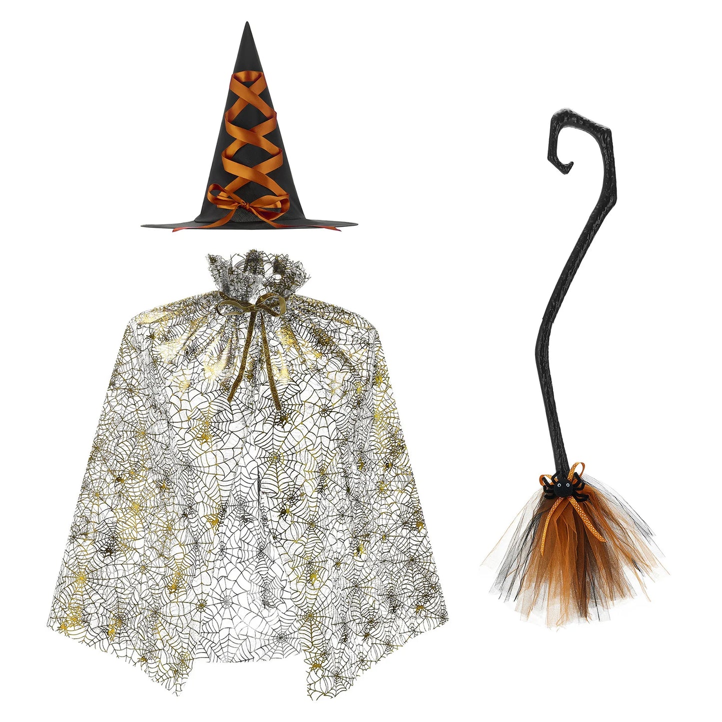 Halloween Witch Cloak Set Spider Web Sheer Mesh Cape Hat and Broom Set for Kids Boys Girls Appliques Feathers Animal