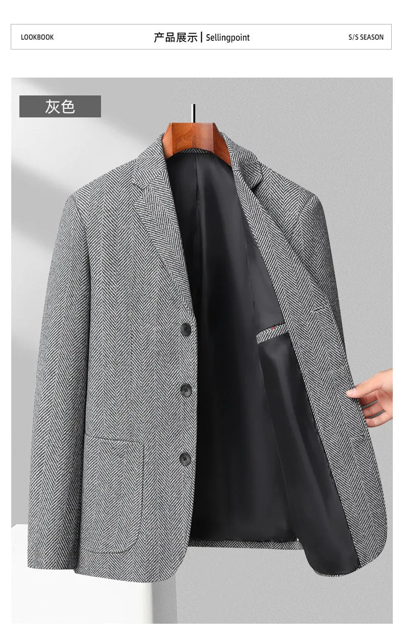 Men's Wool Blazer Herringbone Pattern Casual Business Suit Jacket Comfortable and Stylish Coat