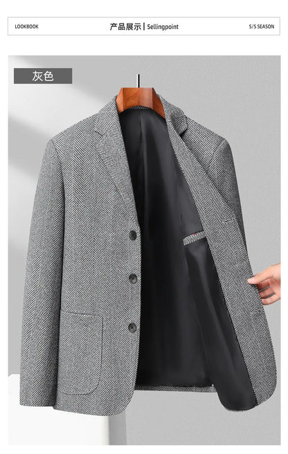 Men's Wool Blazer Herringbone Pattern Casual Business Suit Jacket Comfortable and Stylish Coat