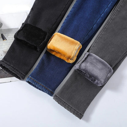 New Women Thick Velvet Jeans Fleece Warm Korean Fashion High Waist Skinny Elastic Pants Jean Casual Legging Winter 2023