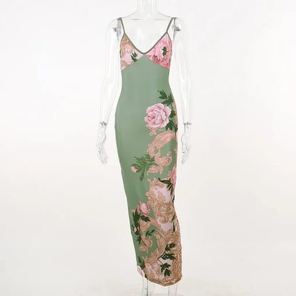 Floral Print Summer Green Dress Womens Fashion Casual Sleeveless V-neck Backless Tunics Bodycon Holiday Beach Dresses Streetwear