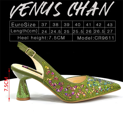2026 New Elegant Green Pointed-Toe High Heels & Matching Bag Set with Diamond Design for Women's Party Wear - Italian Trend