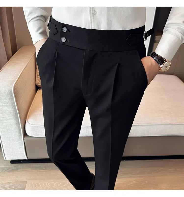 Autumn Winter High Waist Business Dress Pants Men Casual Belt Design Slim Suit Pants Formal Wedding Social Party Male Trousers