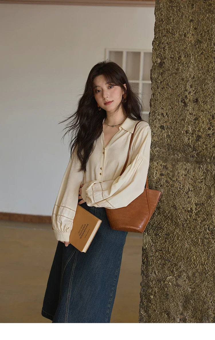 Women's Shirt Lantern Sleeve Hollow Out Tops 2025 Autumn Single Breasted Solid Shirts Lapel Shirt Office Lady MXE41C2359