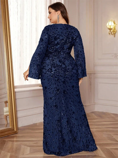 Plus Size Luxury Gold Evening Dresses Women 2024 Long Sleeve Mermaid Formal Sequins Prom Wedding Party Cocktail Gowns