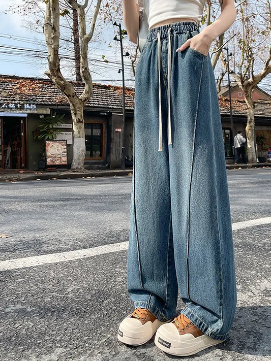 High Waist Wide Leg Jeans Women's Loose Fit Dstring Elastic Waist Long Trousers Blue Denim Spring Season Faion plus Size