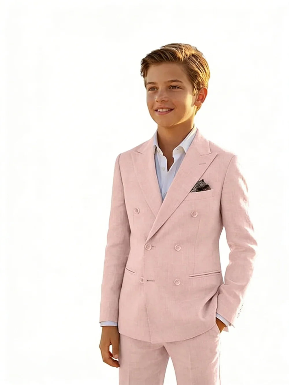 Boys Linen Suit Set 2 Pieces Banquet Party Wear Double Breasted Kids Tuxedo With Jacket Pants For Birthday Gift Elegant Suits