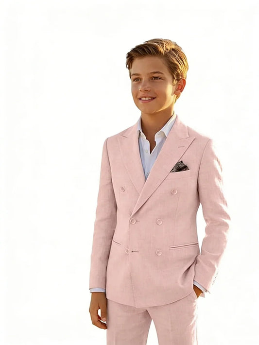 Boys Linen Suit Set 2 Pieces Banquet Party Wear Double Breasted Kids Tuxedo With Jacket Pants For Birthday Gift Elegant Suits