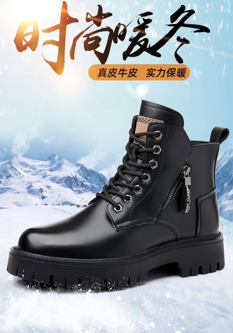 Winter thick soled Men's boots Outdoor waterproof laceup genuine leather boots male Comfortable warm leather shoes Botas Zapatos