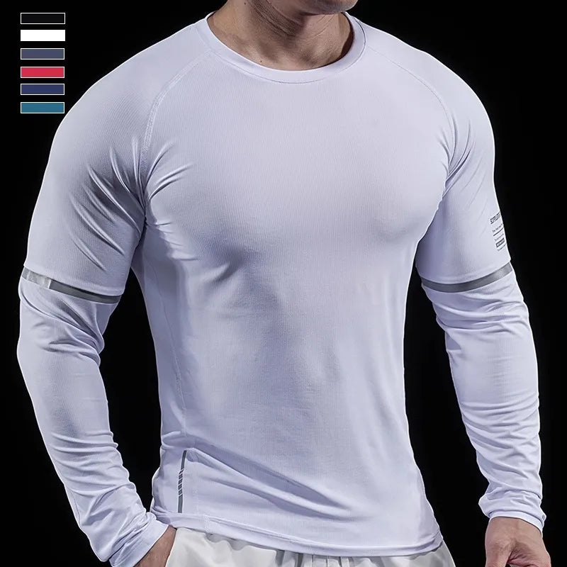 Autumn New Men's Sports Gym Fitness Clothes Reflective Strips Round Neck Training Long-sleeved T-shirt Running Slim Breathable