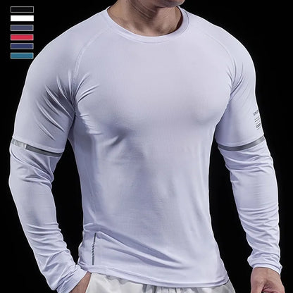 Autumn New Men's Sports Gym Fitness Clothes Reflective Strips Round Neck Training Long-sleeved T-shirt Running Slim Breathable
