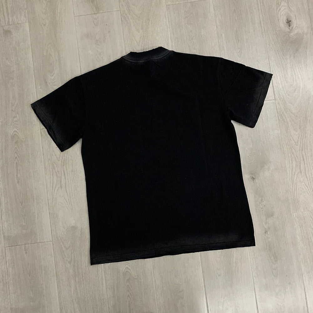 Car Letter Rhinestone Washed Cotton Short Sleeve Tshirts for Men and Women Harajuku Hip Hop Loose Shinning Diamond Tees Oversize