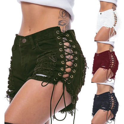 Sexy Women's Jeans Fashion Casual Side Lace-Up Denim Shorts Sexy Hot Denim Short pants Club dance Ripped short jeans