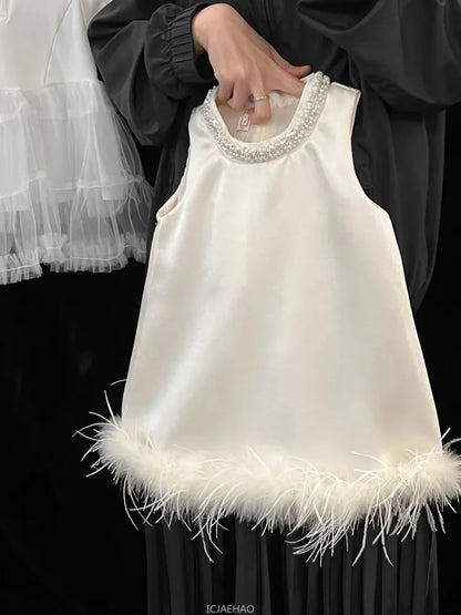 Girls Satin Feather Princess White Dress Clothes Baby Kids Birthday Party Gown Kids Formal Outfit Children Summer Costumes