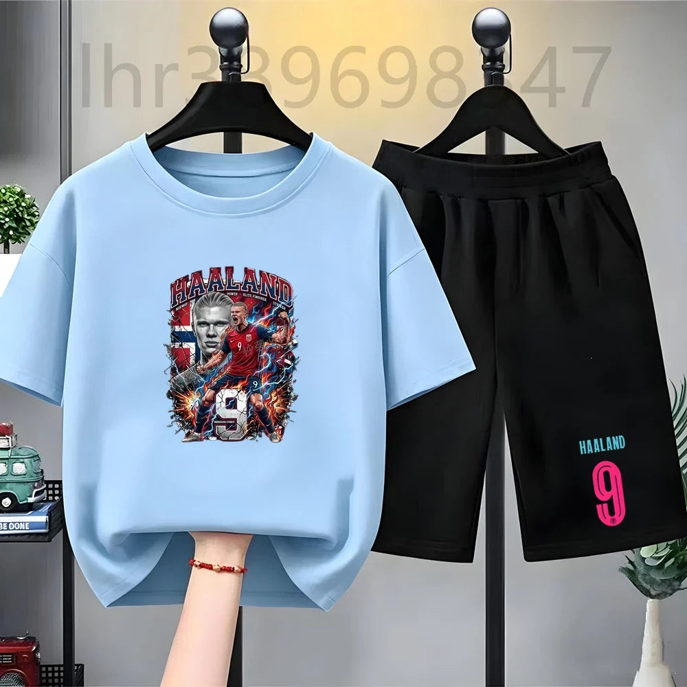 Summer Tees Football Famous General Print Set Suitable Children Short Sleeve Girls Boy Set Tshirt+Shorts 2pcs Kids Clothing