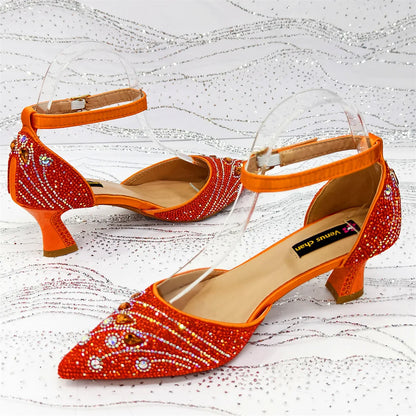 2025 Elegant Rhinestone Pointed Toe Pumps With Matching Bag Set Large Size shoes Big Bag for Women's Party High Heels