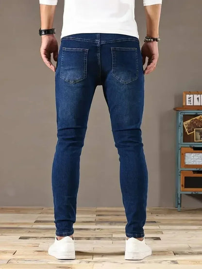 Men Jeans Stretch Skinny Denim Pants Solid Color Black Blue Spring Luxury Street Harajuku Hip-Hop Style Slim Fit Trousers Brand