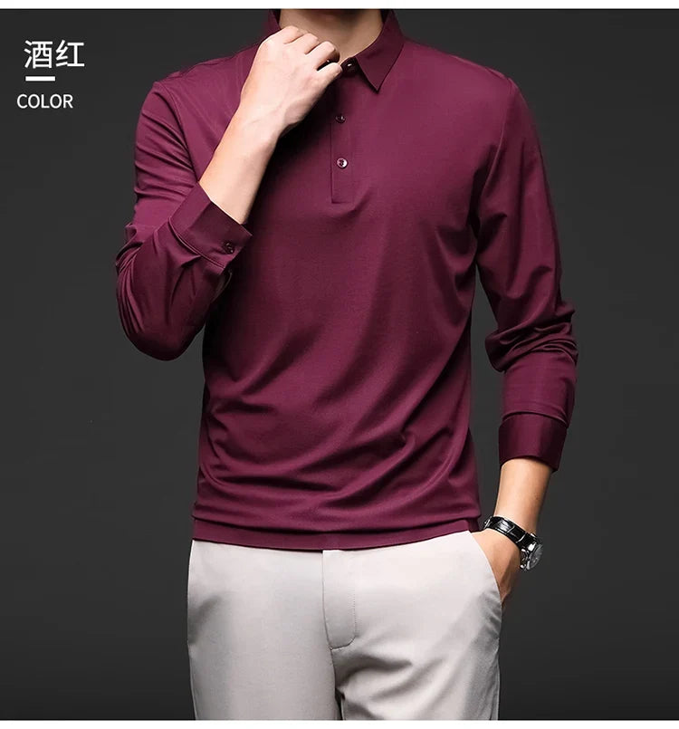 Mulberry Silk Men's Polo Shirts Luxury Long Sleeve Solid Color Golf Male T-shirts Spring Autumn Business Casual Man Tees