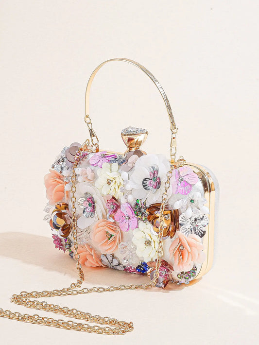 I PC Black Elegant Floral Beaded Clutch, classic Banquet Purse,Women's Fashion Evening Bag Foren Wedding Party Prom