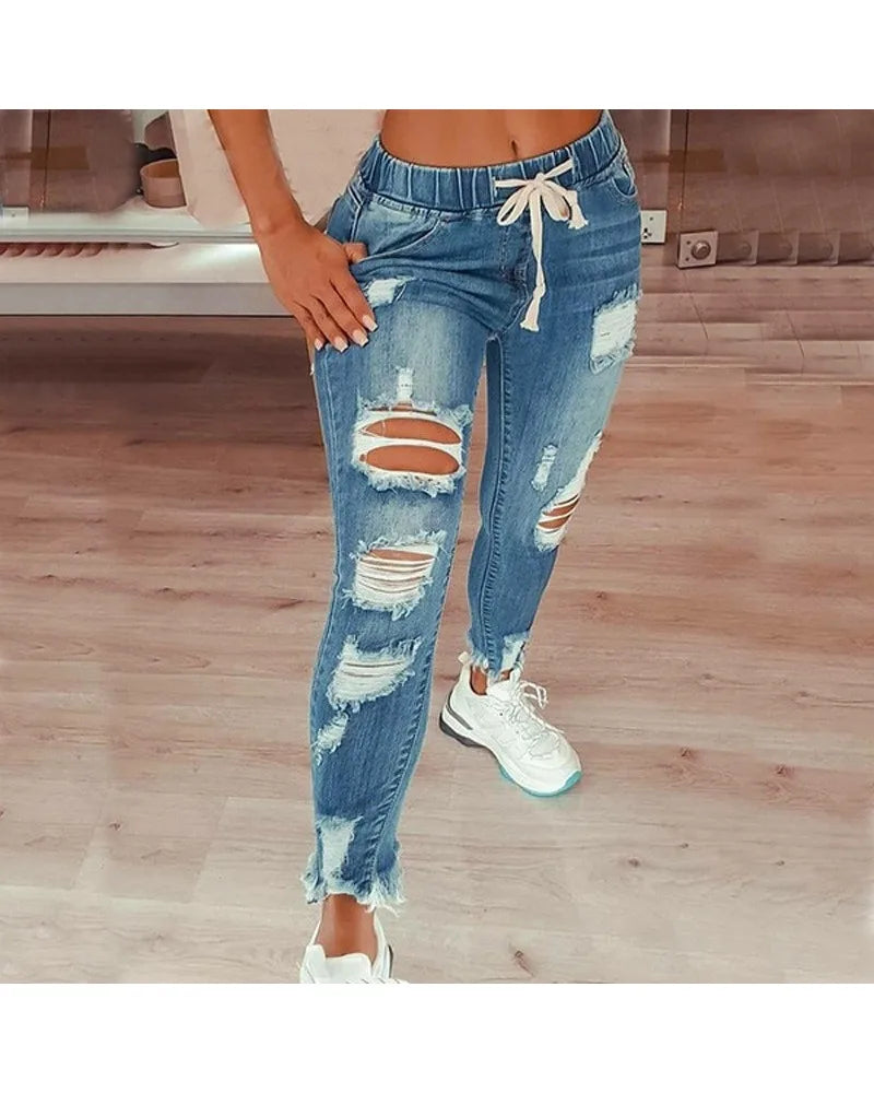 Women's S-5XL Size Tight Waist Jeans Women's Mid Waist Lace up Slim Fit Elastic Feet Pants Perforated Denim Pants