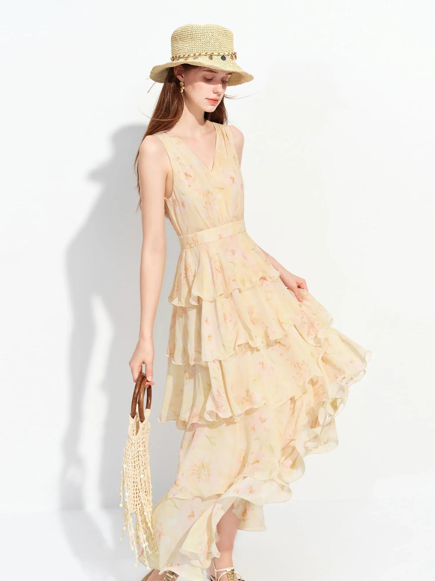 2026 Summer French-Inspired Floral Ruffle Hem Sleeveless V-Neck Tiered Maxi Dress - Romantic for Vacation and Daily Wear