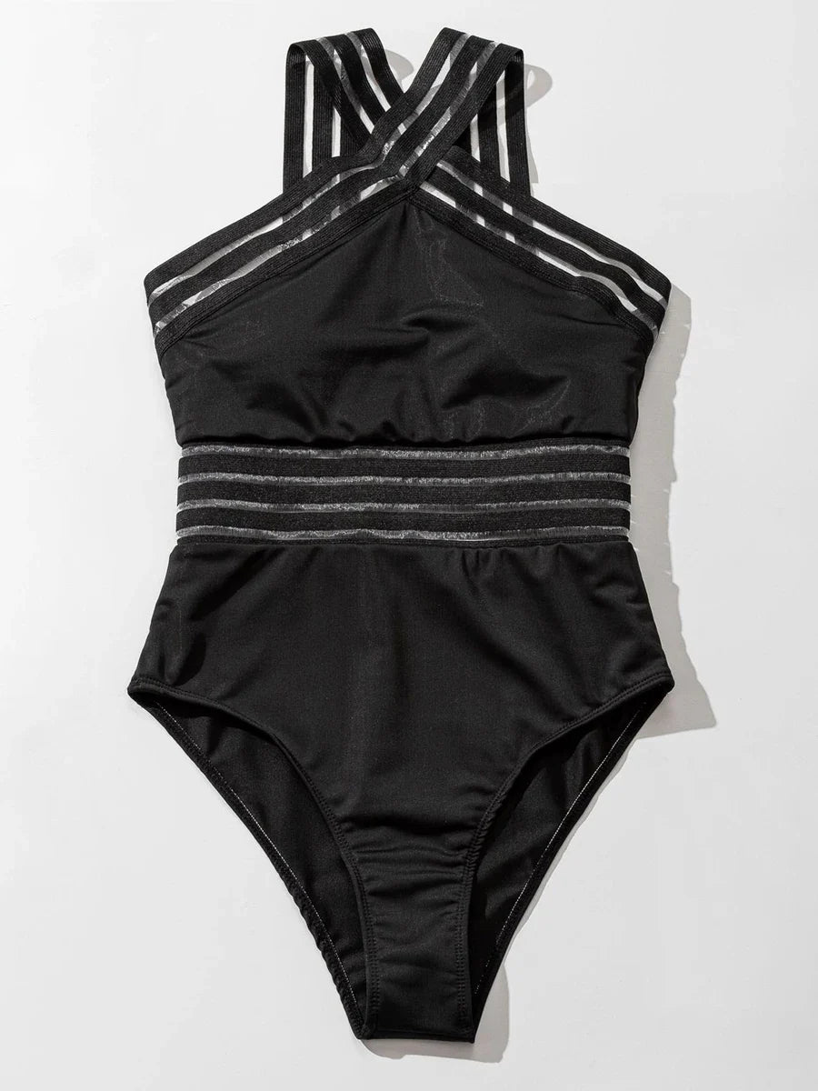 Solid Mesh Tape Swimsuit 2026 One Piece Sexy High Neck Swimwear Women Cross Front Bathing Suit Female Padded Beachwear Bodysuit