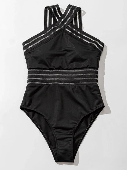 Solid Mesh Tape Swimsuit 2026 One Piece Sexy High Neck Swimwear Women Cross Front Bathing Suit Female Padded Beachwear Bodysuit