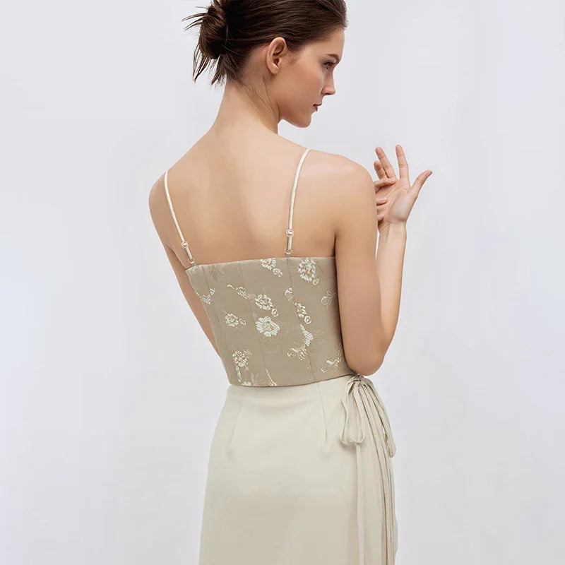 Women Top 2026 Autumn New Jacquard Sling Vest Women Adjustable Shoulder Strap Inner Waist-cinching Sleeveless Top 12651005