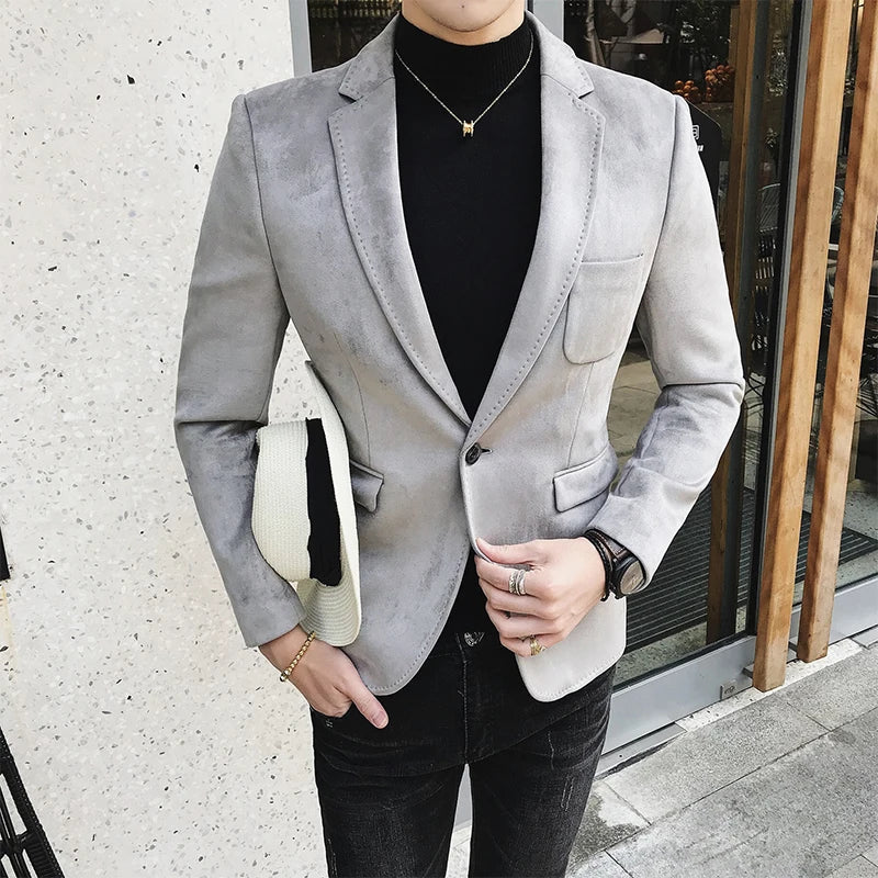 Blazer Hombre Men's Casual Slim Fit Deerskin Velvet Suit Jacket High-quality Korean Luxury Formal Solid Color Suit 6 Colors