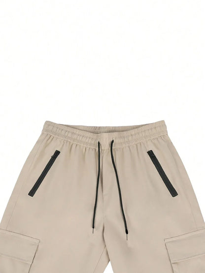 Men's 3/4-Length Cargo Shorts — Woven Twill Fabric, Multi-Pocket Casual Trousers. Non-Stretch Adult Apparel for Summer