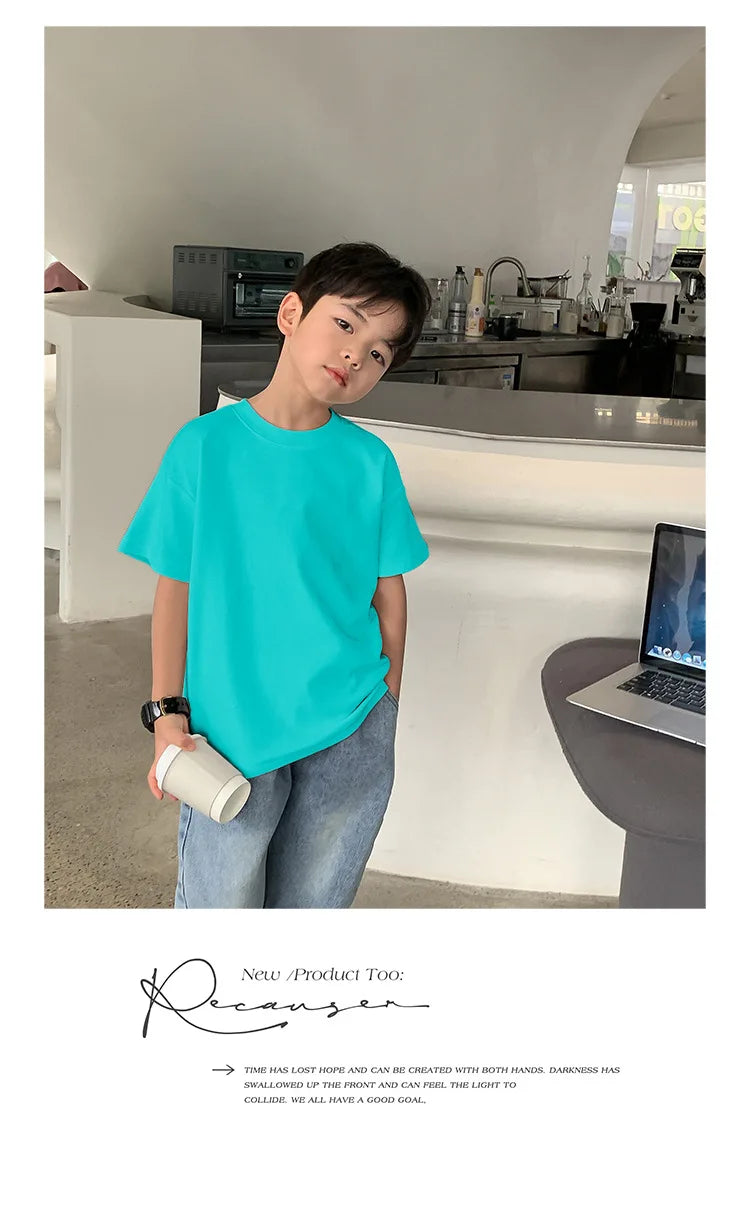Summer Casual School Kids Cotton Plain Tee Tops Baby and Boys Short-Sleeved T-Shirt Children Outfit Clothing 1-16 Years