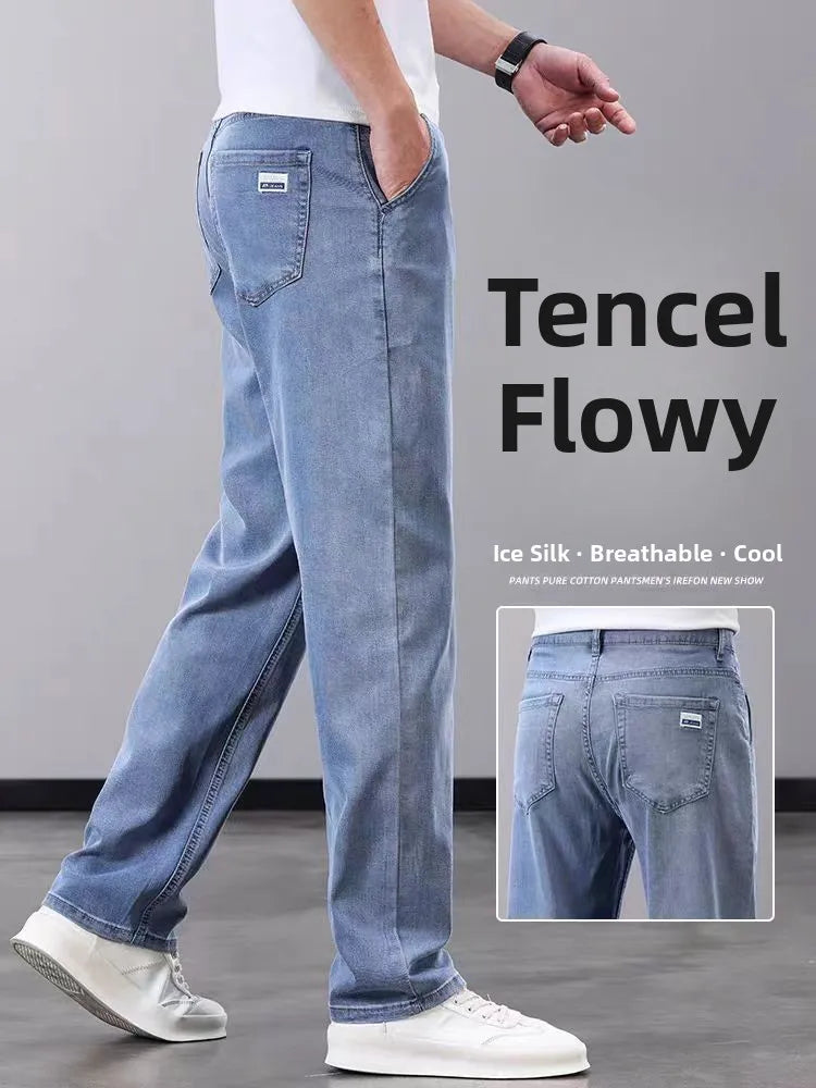 Summer Thin Straight Loose Wide Leg Pants Men's Silk Smooth Denim Jeans Casual Long Trousers Business Gentleman Style Water W...