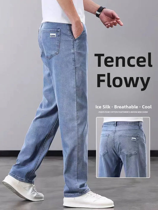 Summer Thin Straight Loose Wide Leg Pants Men's Silk Smooth Denim Jeans Casual Long Trousers Business Gentleman Style Water W...