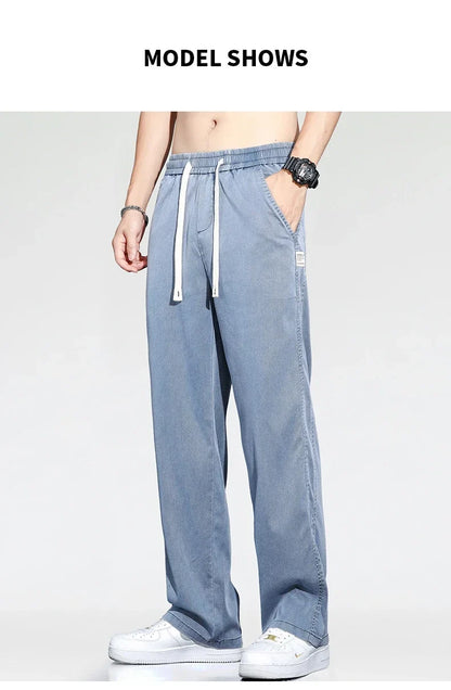 Summer Thin Loose Wide-leg Men Jeans Soft Lyocell Elastic Fashion Casual Straight Drawstring Denim Trousers Black Blue Gray
