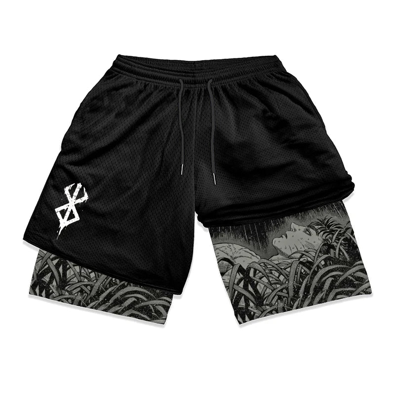 Print 2 in 1 Running Shorts for Men Gym Workout Fitness Athletic Shorts with Pockets Summer Activewear Quick Dry Stretch