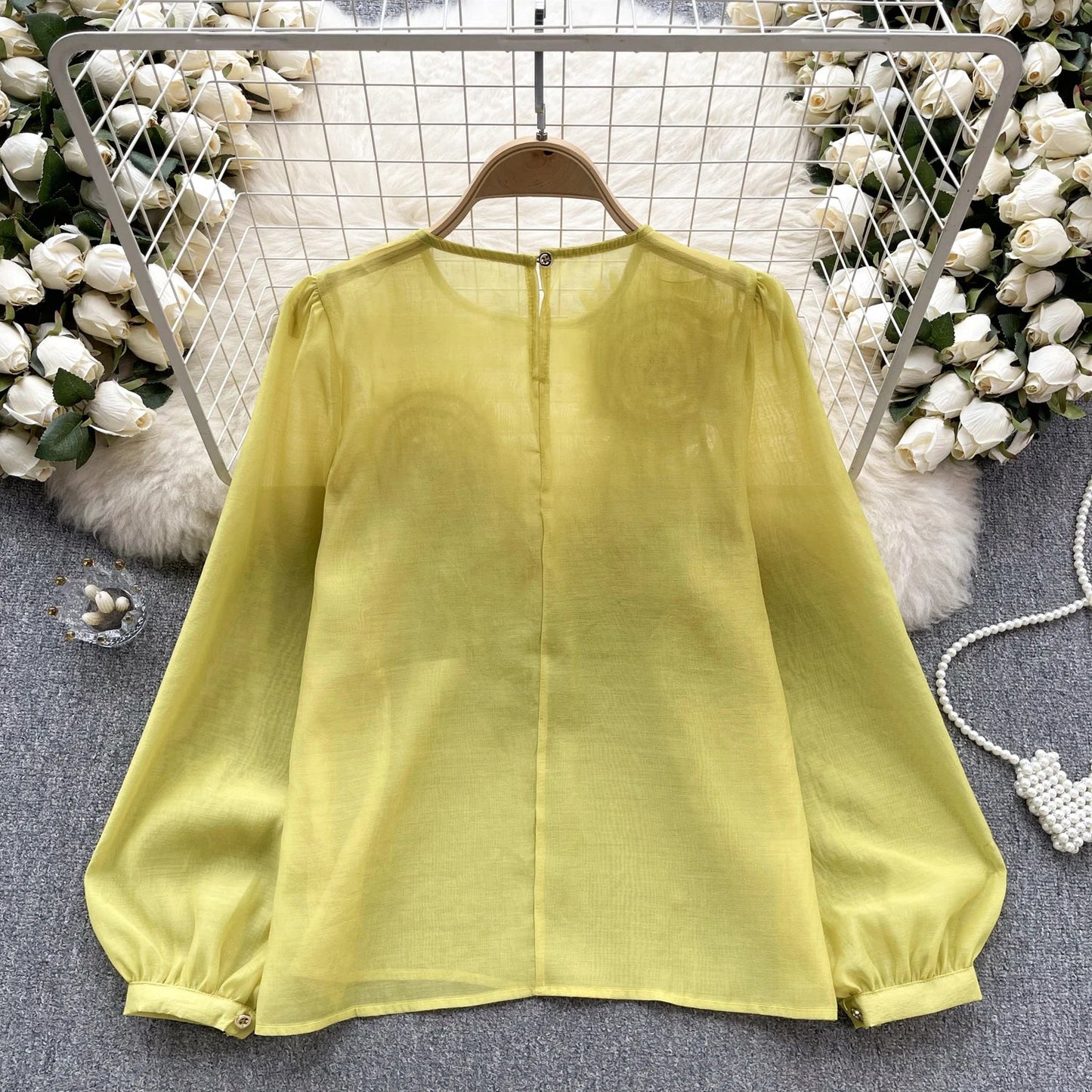 Spring Loose Satin Blouse Women O Neck Long Sleeves Sheer Bohemian Top 2024 Transparent 3D Floral Casual Shirt